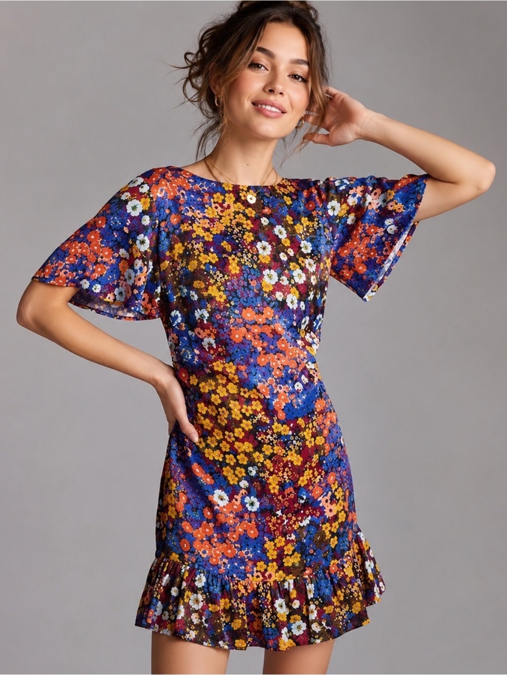 By Anthropologie Women’s Ditsy Floral Ruffle-Sleeve Mini Dress Multicolor 12